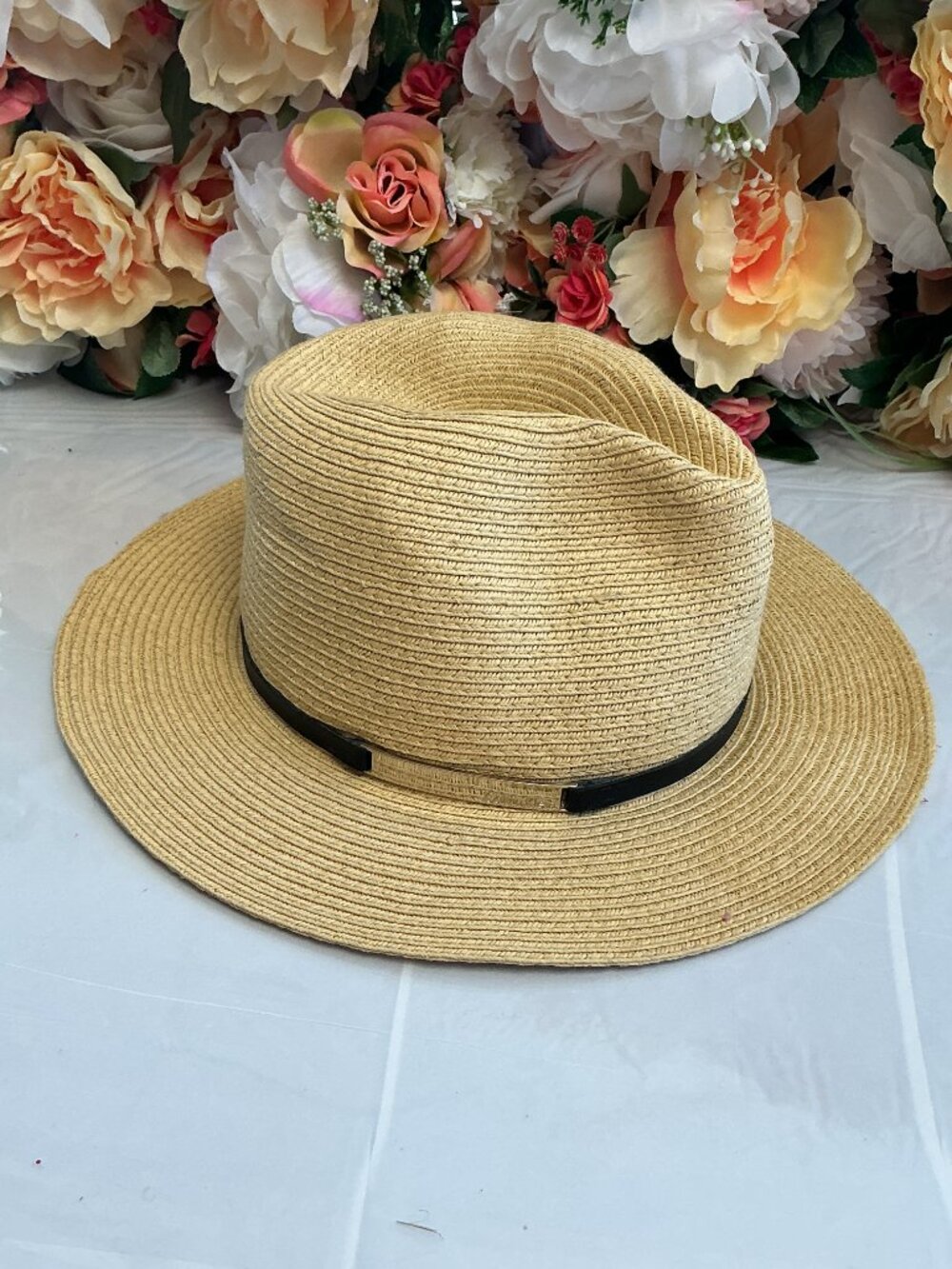 Calvin Klein Wide Brim Paper Straw Fedora Hat Tan Black Band Resort Coastal